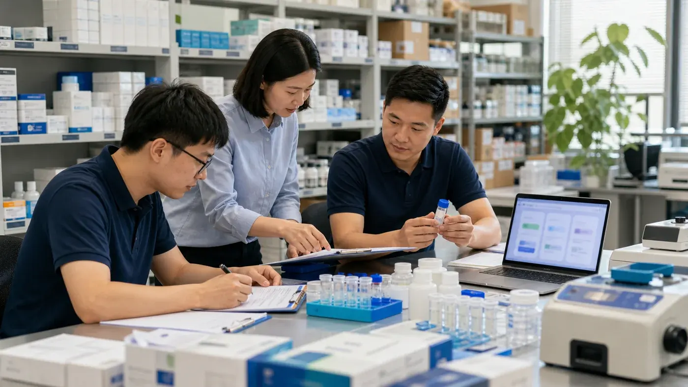 实验室耗材供应商整理库存资质和配送资源的商业场景图