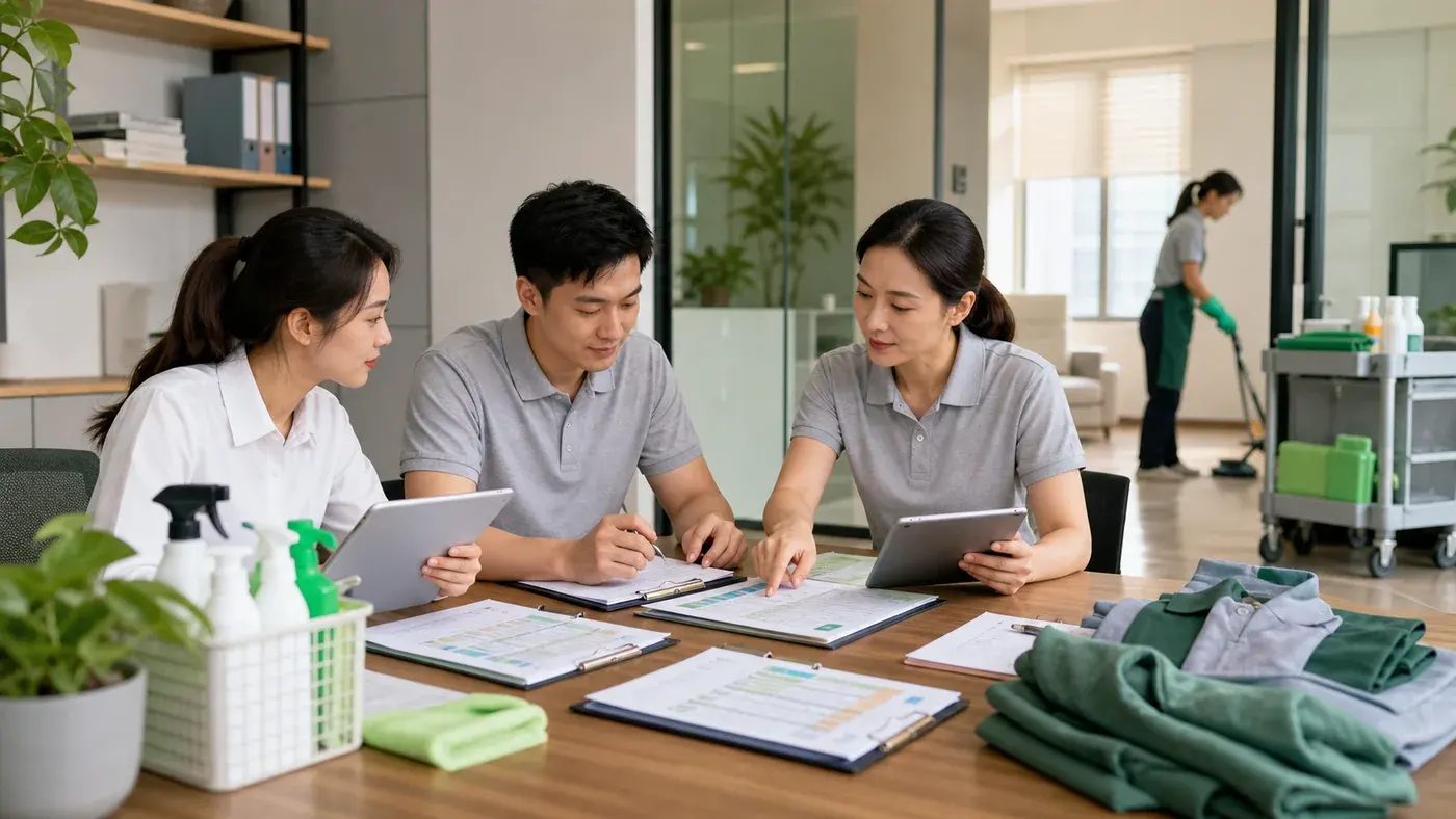 家政保洁团队整理服务资源和排班资料的商业场景图