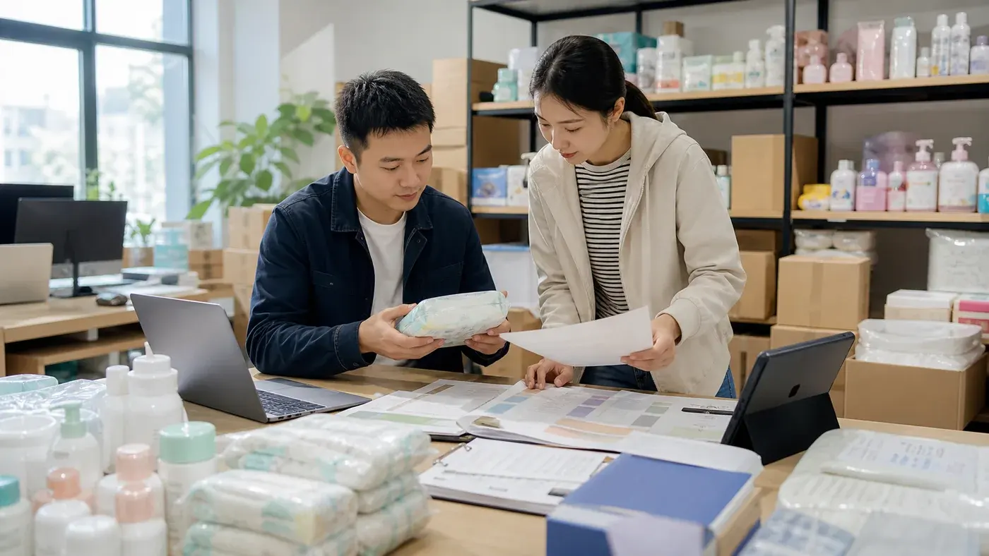 母婴用品区域代理商整理库存和渠道合作资料的商业场景图