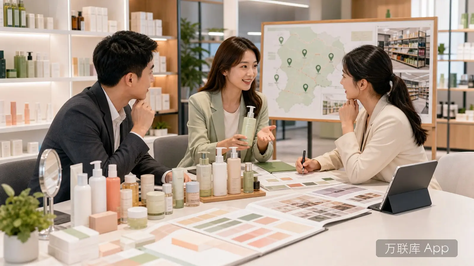 美妆日化品牌方在万联库 App 发布渠道合作资源的商务场景图