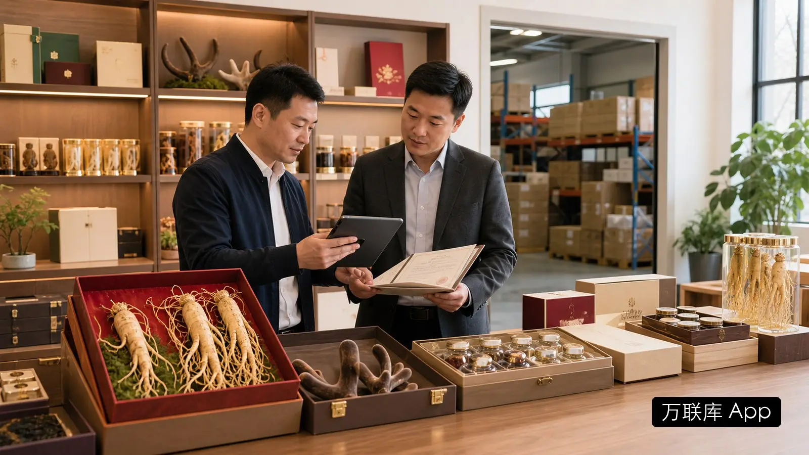 项目方在万联库 App 发布东北参茸礼品货源合作信息的商务场景图
