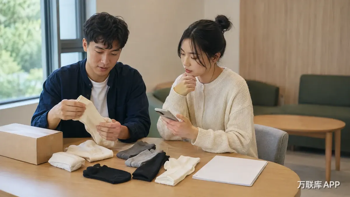 万联库APP校园袜子样品与交付核对场景配图