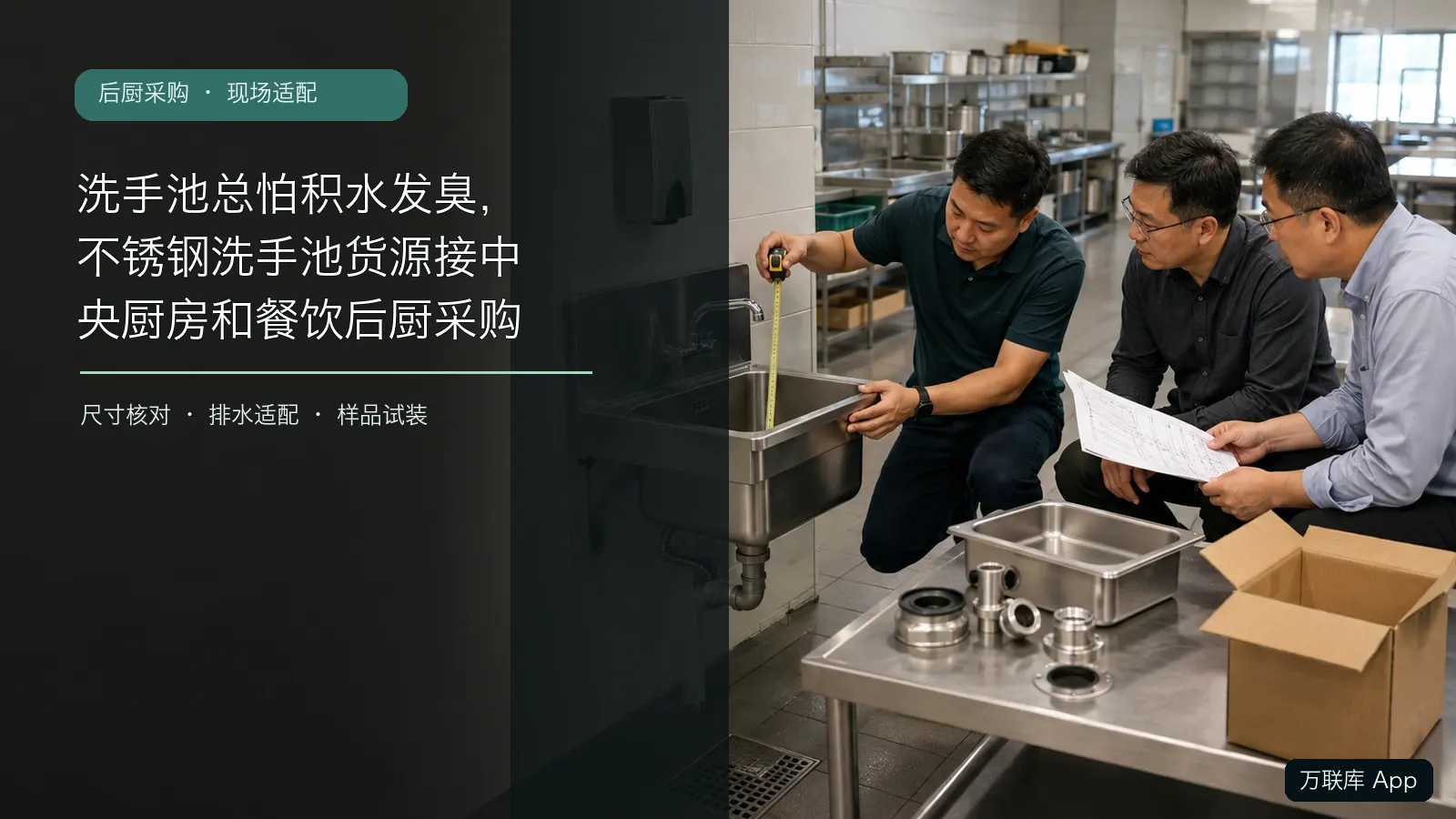不锈钢洗手池货源方与中央厨房、餐饮后厨采购人员现场核对尺寸、排水和安装条件
