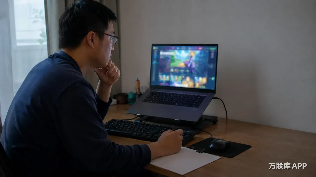 万联库APP配图：电脑与游戏项目结算记录核对
