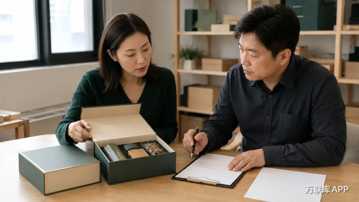 礼品渠道合作方核对礼盒样品和交付条件,万联库APP配图