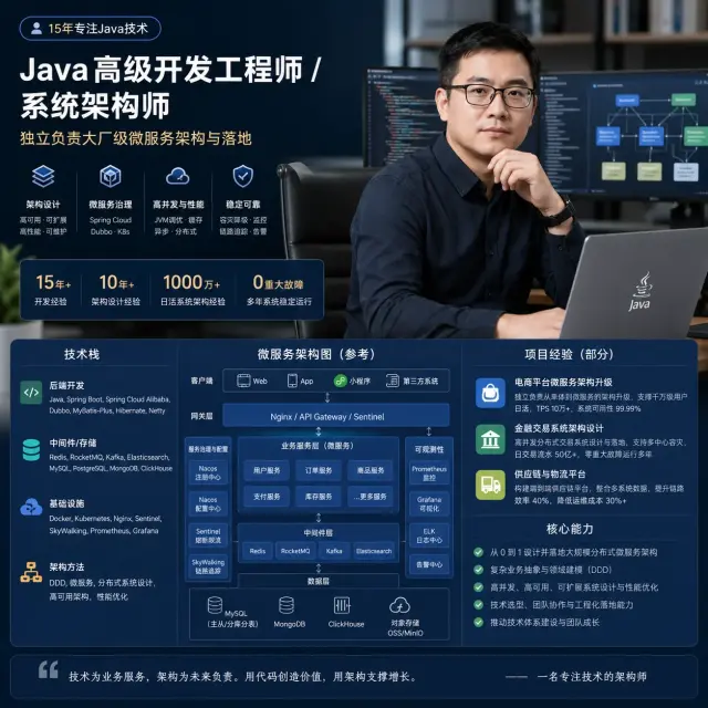 Java高级开发工程师 / 系统架构师 | 15年经验 | 独立负责大厂级微服务-1